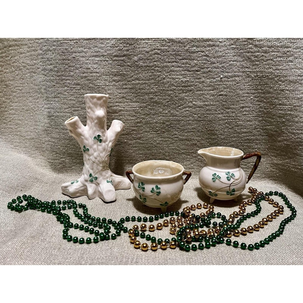 3 Belleek Irish Porcelain Shamrock Cauldron Sugar Bowl Creamer Tree Vase DAMAGED